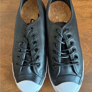 Women’s Converse Black Leather Lace-Up Sneakers with White Toe Cap
